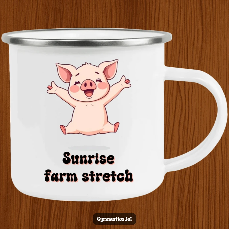 Funny Piglet Camping Mug: Cheerful piglet in a wide split leap, ready for outdoor enjoyment and a dose of humor.