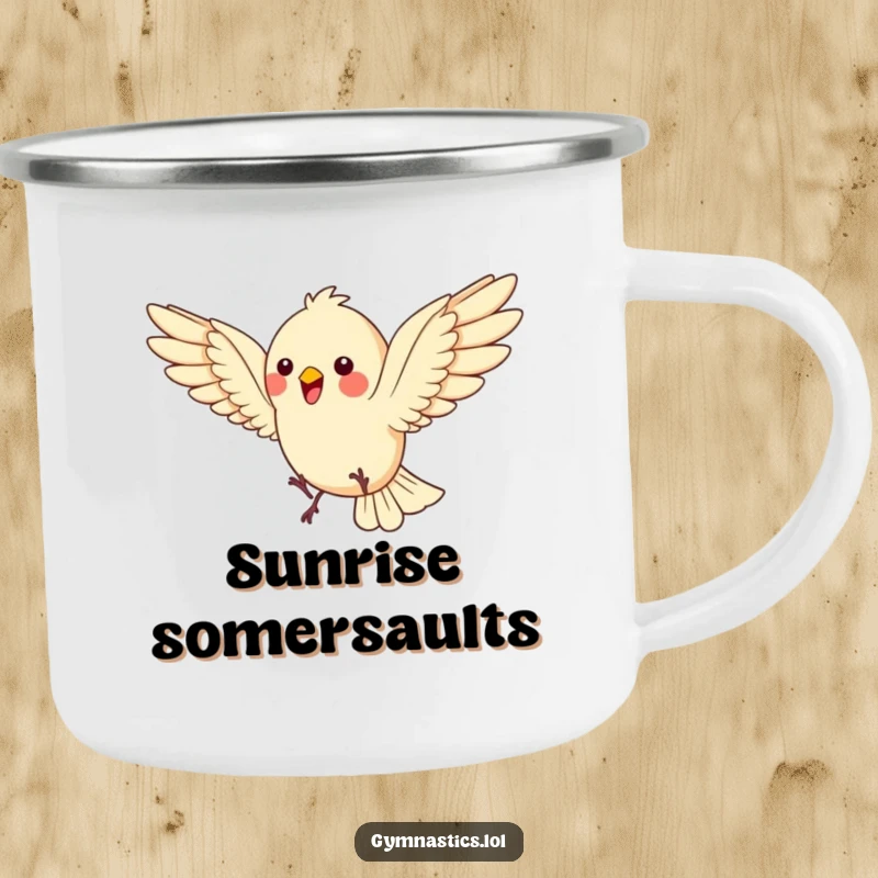 Funny Bird Camping Mug: A bouncing bird does a somersault, wings spread wide, perfect for outdoor energy and making a great funny gift.