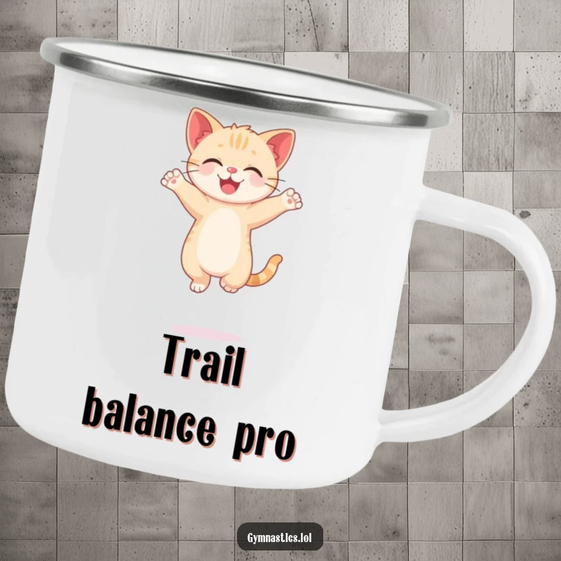 Funny Kitten Camping Mug with a happy cat balancing on one paw, arms gracefully posed, for outdoor humor.