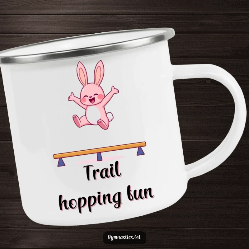 Funny bunny balance beam camping mug with a pink bunny leaping high in the air with arms outstretched, ideal for humorous outdoor drinks.