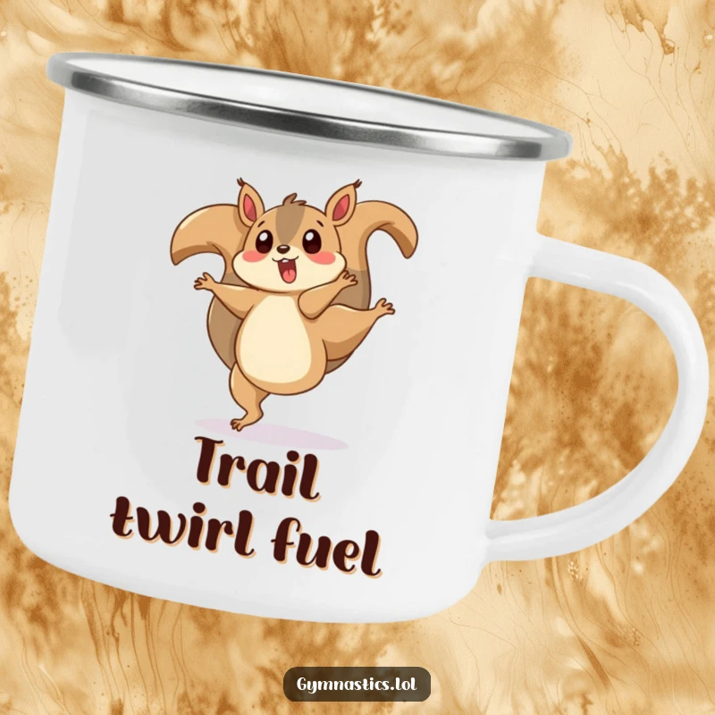 Funny camping mug with a surprised squirrel doing a cartwheel and its tail twirling, perfect for outdoor drinks with humor.