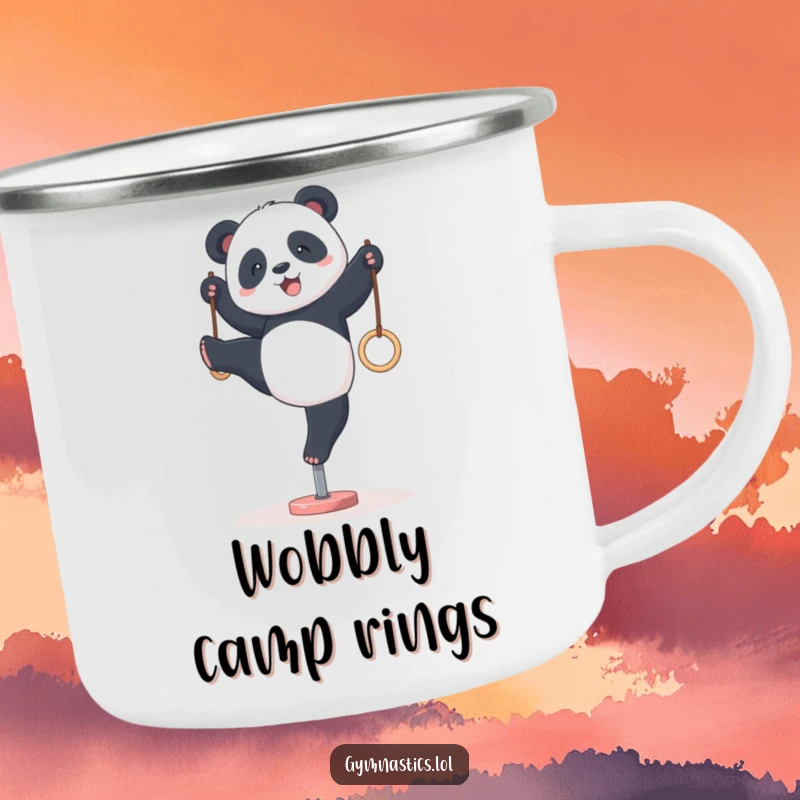 Funny panda gymnastics camping mug, depicted hilariously attempting a wobbly handstand on tiny rings, bringing a humorous vibe to any campsite.
