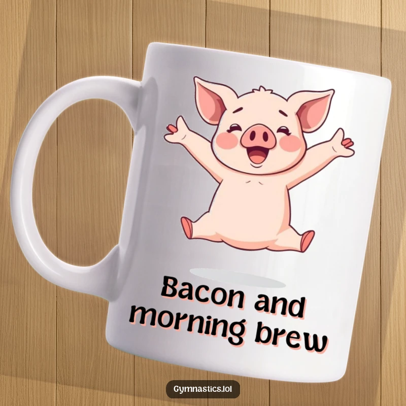 Funny Piglet Mug: Cheerful piglet performing an impressive split leap with arms widely stretched, full of joy and energy.