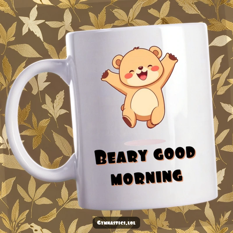 Funny mug featuring a joyful, round bear cub performing a graceful leap in the air, embodying pure happiness.