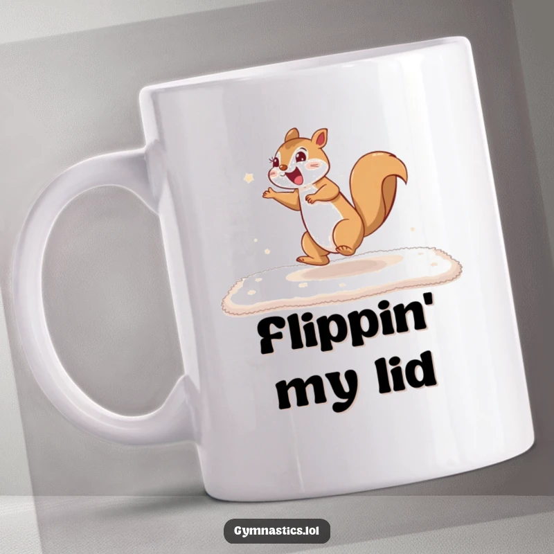 Funny squirrel mug showing an excited squirrel performing a cartwheel on a soft mat, full of energy and enthusiasm, perfect for sports fans.