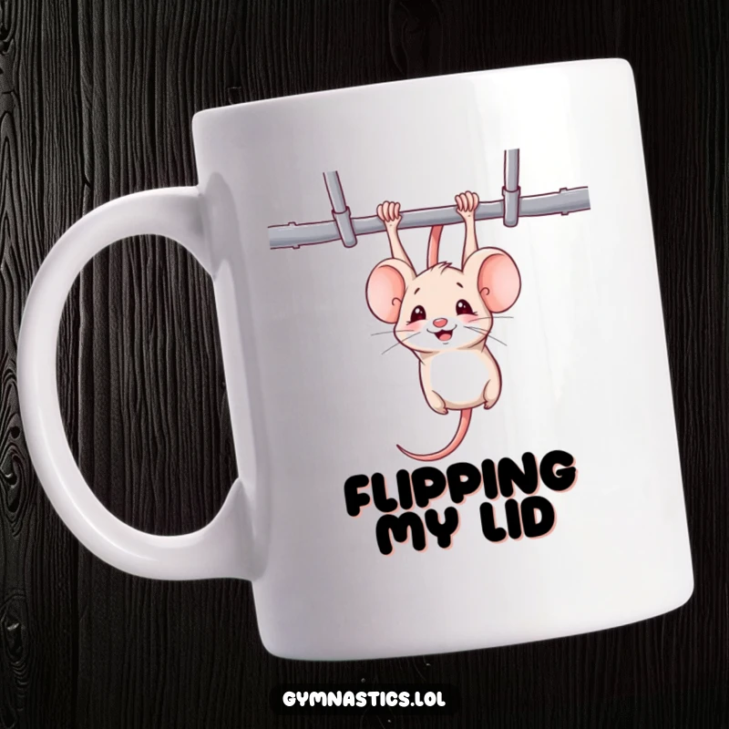 Funny mouse mug showing a mischievous mouse hanging upside down from uneven bars with a cheeky smile, embodying playful fitness.