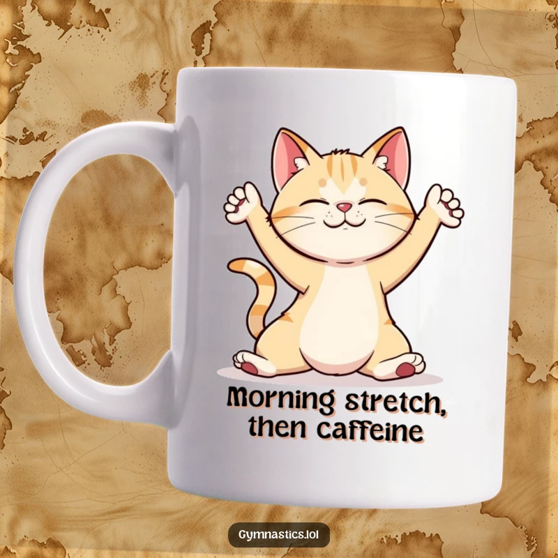Funny cat in a whimsical, exaggerated yoga pose, demonstrating flexibility on a humorous mug.