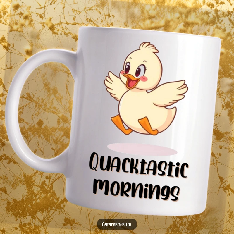 Funny duck waddling with glee during a jump, captured mid-air on a humorous mug.