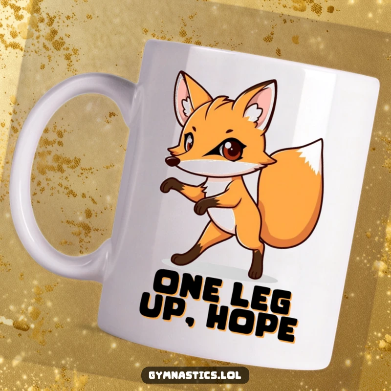 Funny mug featuring a determined fox balancing precariously on one leg with comically large, wide eyes.