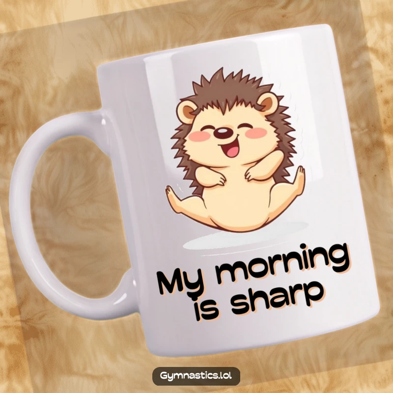 Funny hedgehog in a perfect split, giggling with ease, illustrated on a humorous mug.