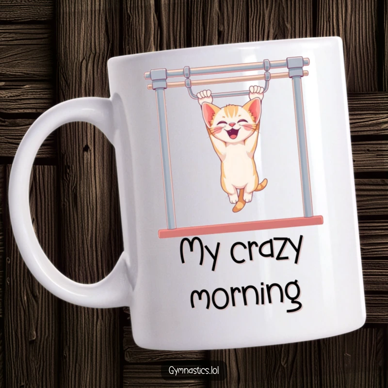 Funny kitten mug showing a giggling kitten hanging upside down from uneven bars, full of mischievous joy, perfect for fitness enthusiasts.