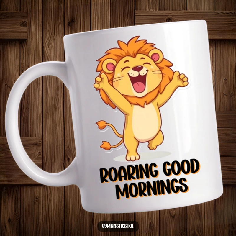 Funny lion mug featuring a proud lion attempting a handstand, roaring joyfully, radiating strength and hilarious confidence.