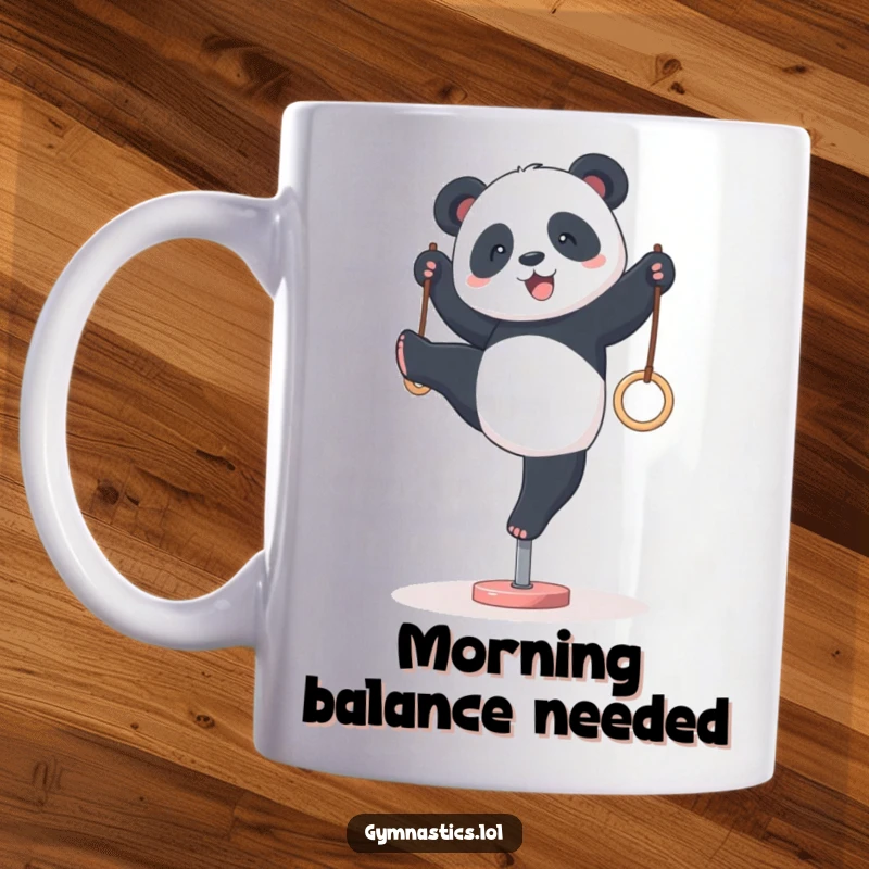 Funny panda attempting a wobbly handstand on tiny gymnastics rings, showcasing delightful effort and humorous determination.