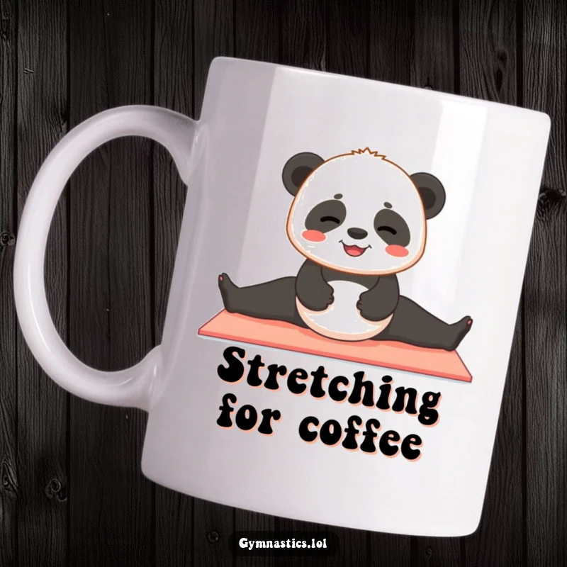 Funny panda mug showing a contented panda cub attempting to do a split on a yoga mat, embodying peaceful effort.