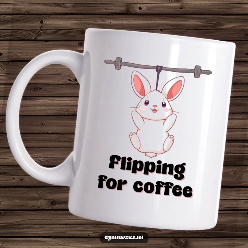 Funny rabbit mug showing a curious rabbit hanging upside down from uneven bars, expressing playful agility and a unique viewpoint.