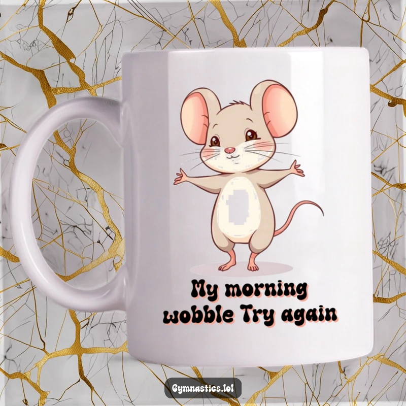 Funny shy mouse performing a shaky pirouette on a mug, a delicate ballerina mouse ready to dance.