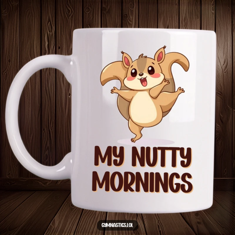 Funny mug featuring a playfully surprised squirrel doing a cartwheel with its tail spinning, capturing energetic and humorous woodland fun.