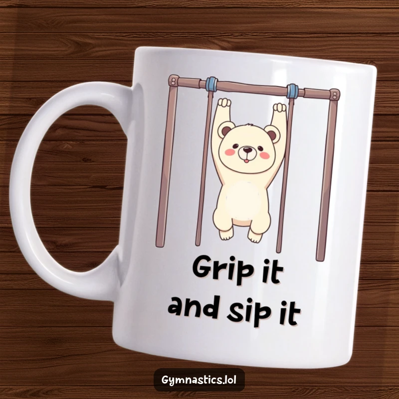 Funny Bear Gymnastics Mug: A proud bear hangs upside down from uneven bars, showcasing determination and humor in a fun design.