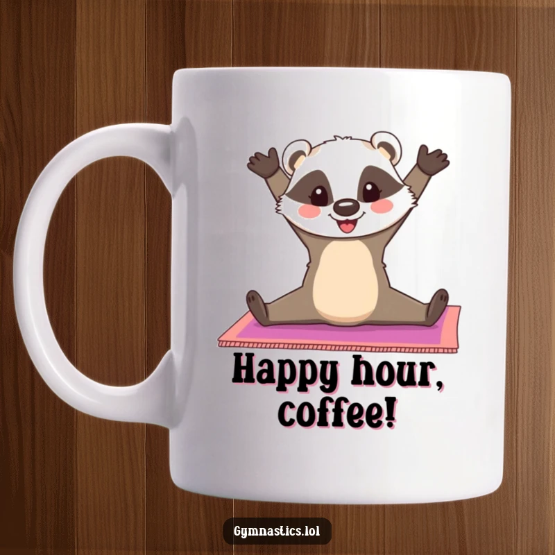 Funny Badger Mug: A cheerful badger does a split on a colorful gymnastics mat, showcasing flexibility humor and making a fantastic funny gift.