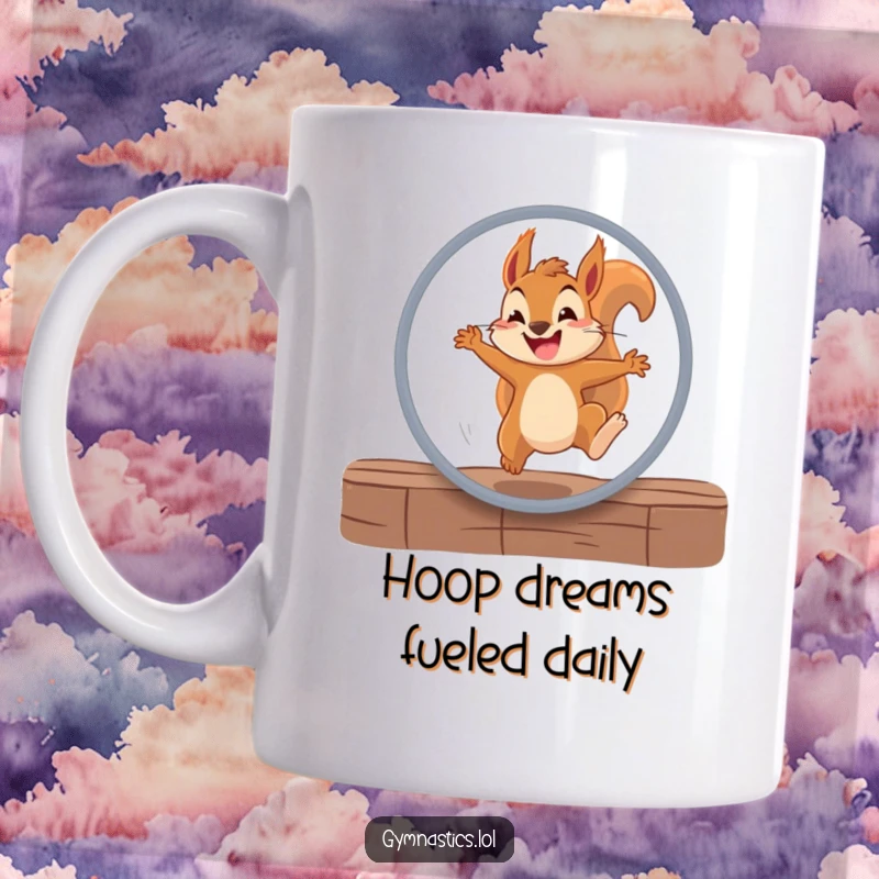 Funny squirrel mug showing a determined squirrel leaping through a hoop with a wide grin, symbolizing achievement and fun.