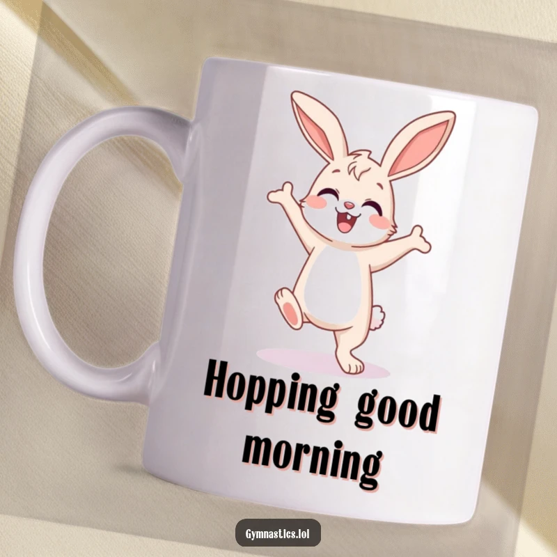 Funny Bunny Mug: Happy bunny performing a wobbly but enthusiastic handstand, showing determination and a big smile.