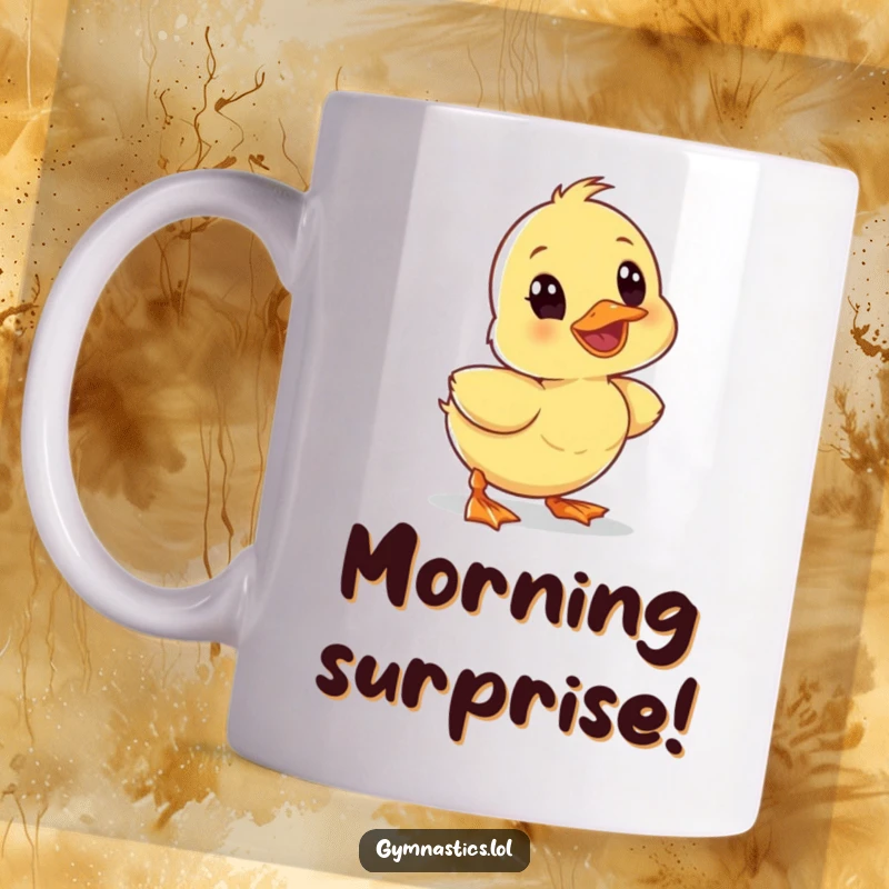 Funny wobbly duckling tumbling forward with a surprised expression on a mug, capturing a moment of delightful chaos.