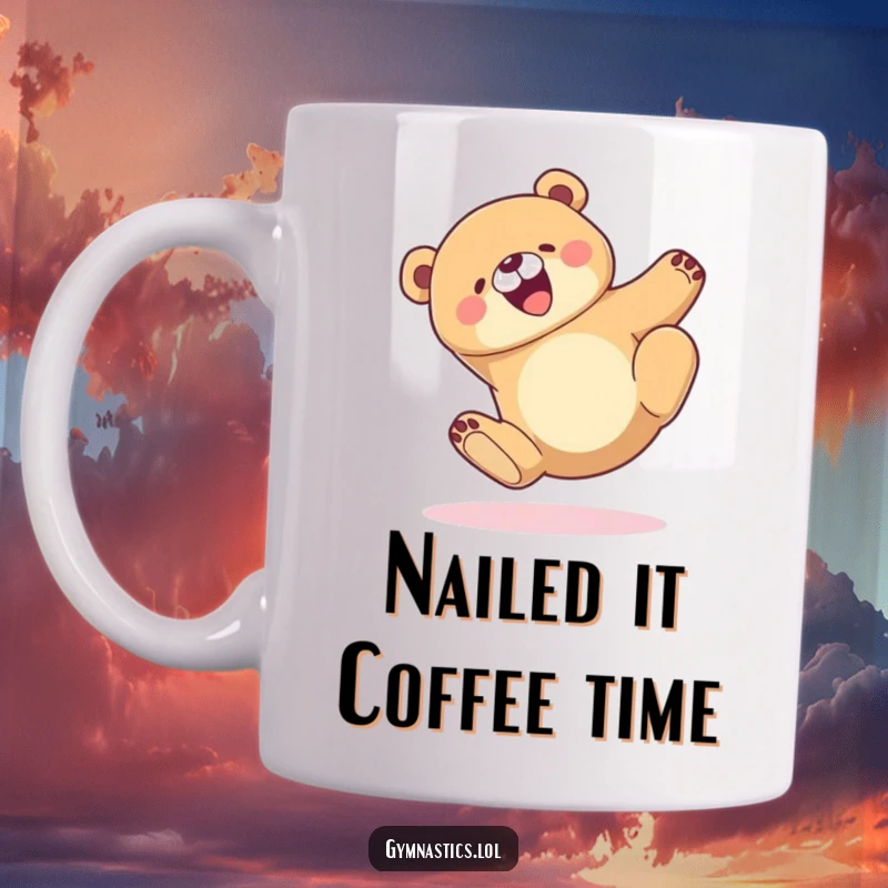 Funny Mug showing a joyful cartoon bear tumbling with grace, landing perfectly on its feet, expressing pure delight and silliness.