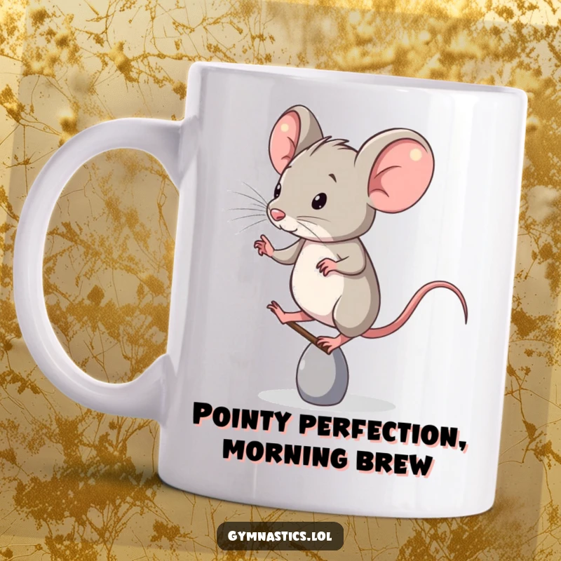 Funny Mug: A determined mouse hilariously balances precariously on one tiny toe, showcasing incredible focus and a touch of silliness.