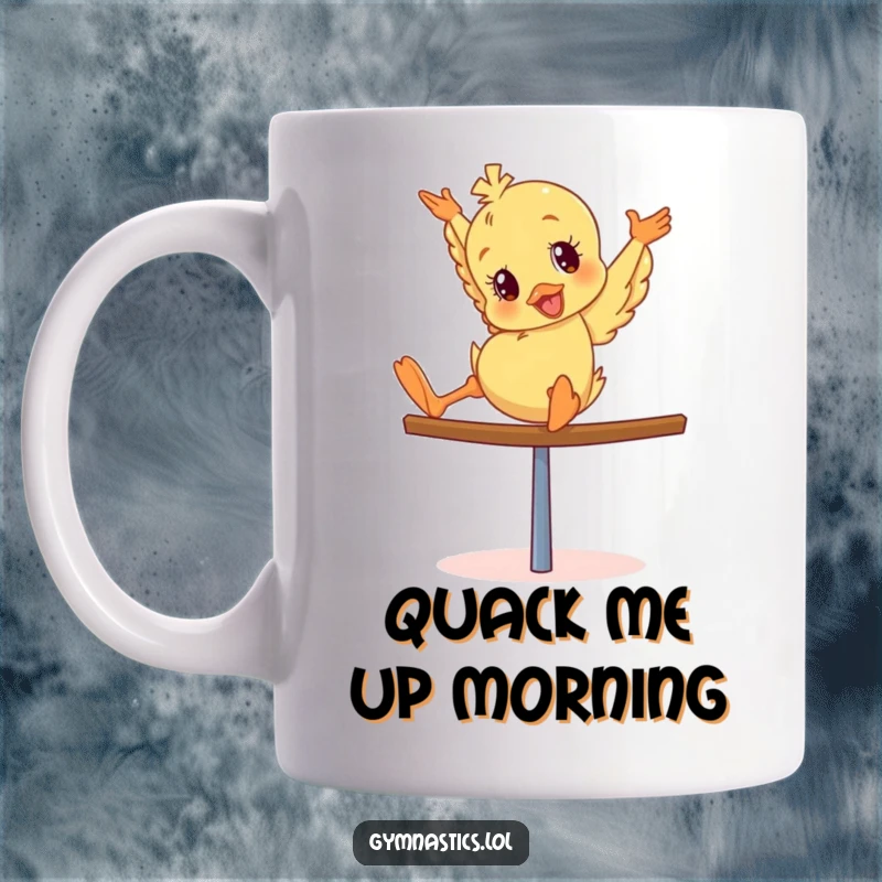 Funny Duckling Mug: Giddy duckling tumbling head over heels during a balance beam routine, full of chaotic joy.