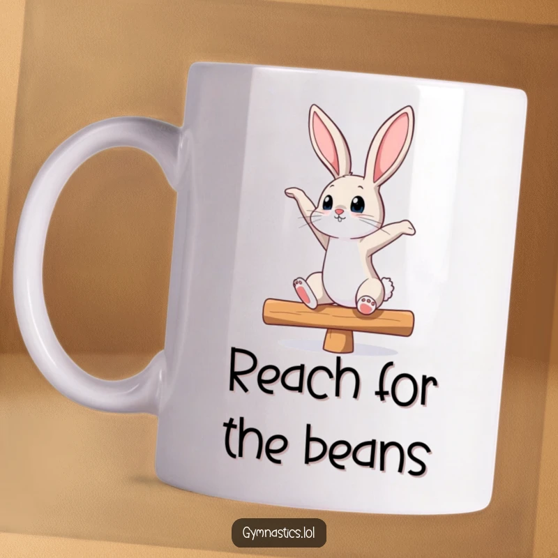 Funny bunny mug showcasing a curious bunny stretching gracefully on a balance beam, looking upwards with focus, perfect for fitness buffs.