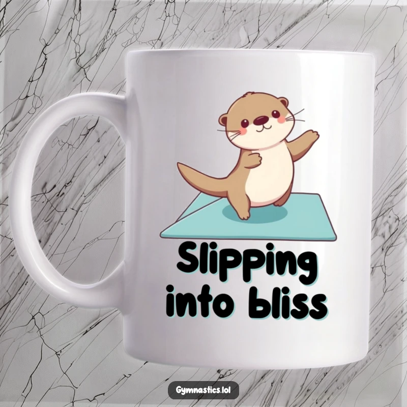 Funny otter mug showing a graceful otter gliding across a floor exercise mat, arms sweeping with elegance and joy.