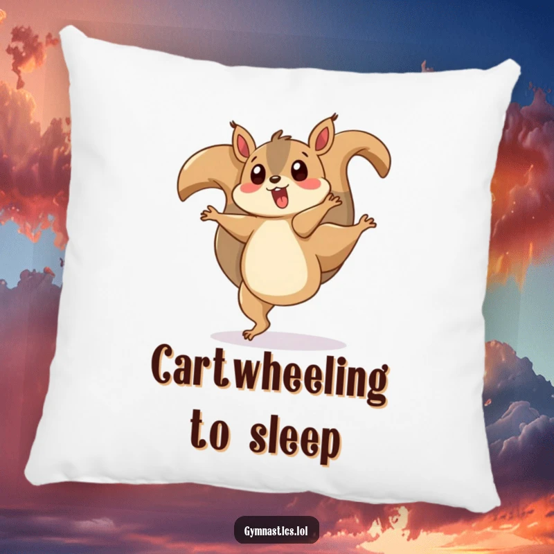 Funny pillow with a surprised squirrel doing a cartwheel and its tail twirling, offering soft comfort and humorous decor.