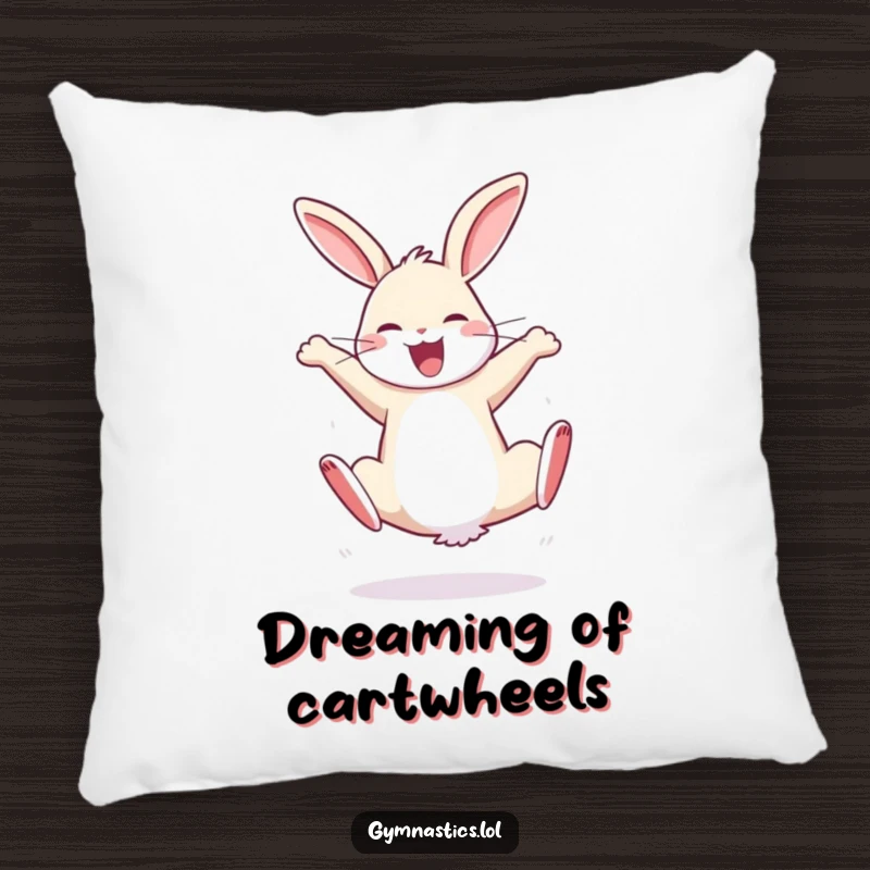 Funny pillow featuring a bouncy rabbit performing a cartwheel with sheer joy, offering comfort and a dose of playful energy.