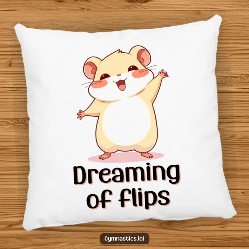 Funny chubby hamster cartwheel pillow, showing a hamster mid-cartwheel with a proud smile, offering a soft and humorous decorative touch.
