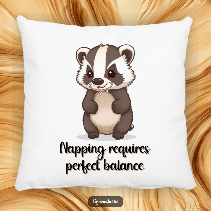 Funny Badger Pillow with a determined badger balancing a sparkling hoop on its nose, adding cozy and humorous charm.