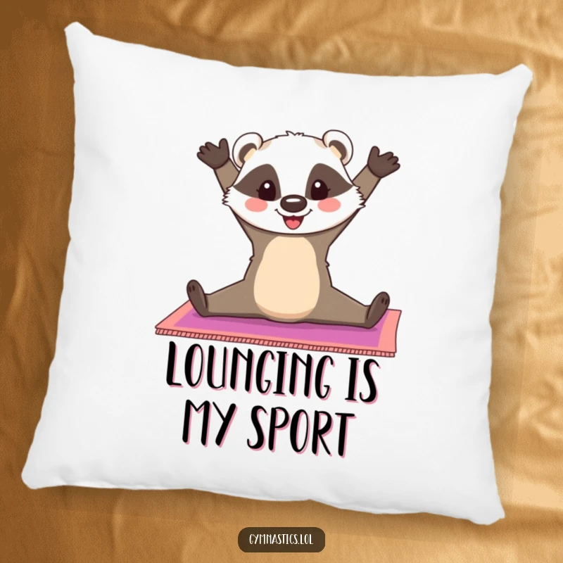 Funny Badger Pillow: A cheerful badger does a split on a colorful gymnastics mat, offering plush comfort and cheerful flexibility, a delightful funny gift.