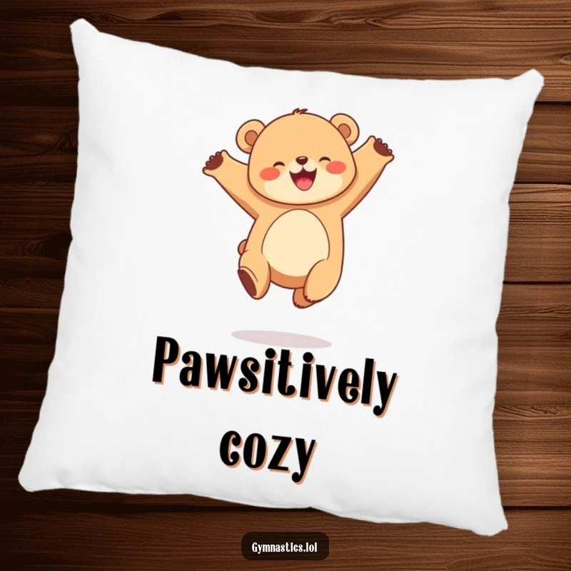 Funny pillow featuring a joyful, round bear cub performing a graceful leap in the air, adding comfort and cheer.