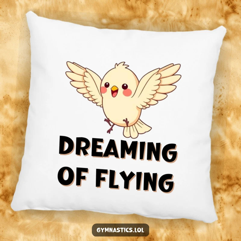 Funny Bird Pillow: A bouncing bird does a somersault, wings spread wide, offering plush comfort and energetic humor, a delightful funny gift.
