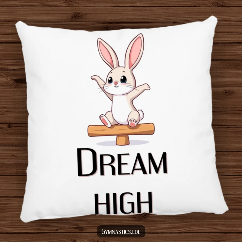 Funny bunny pillow showing a curious bunny stretching on a balance beam, looking up, providing comfort with a humorous and cute design.