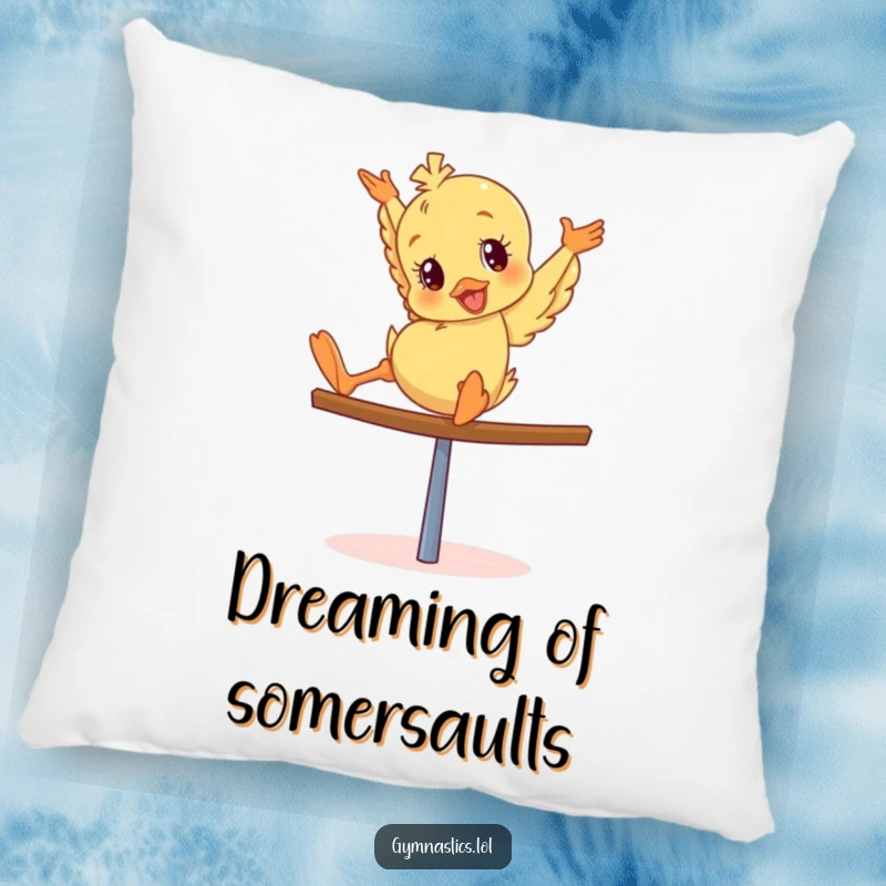 Funny Duckling Pillow: Giddy duckling in a comical head-over-heels tumble on a balance beam, providing comfort and humor.