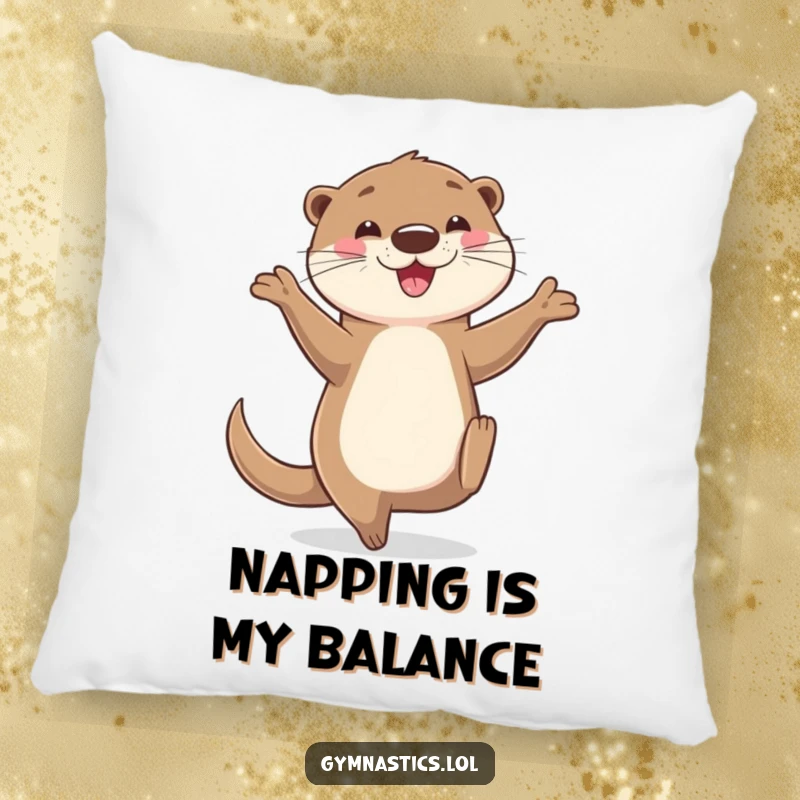 Funny otter pillow featuring a happy otter balancing on one hand, legs in the air, adding a humorous and cozy touch to seating.