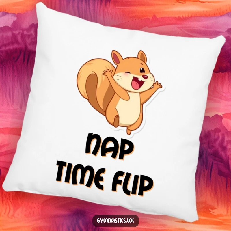 Funny pillow featuring a playful squirrel in the middle of a somersault, its huge grin radiating joy.