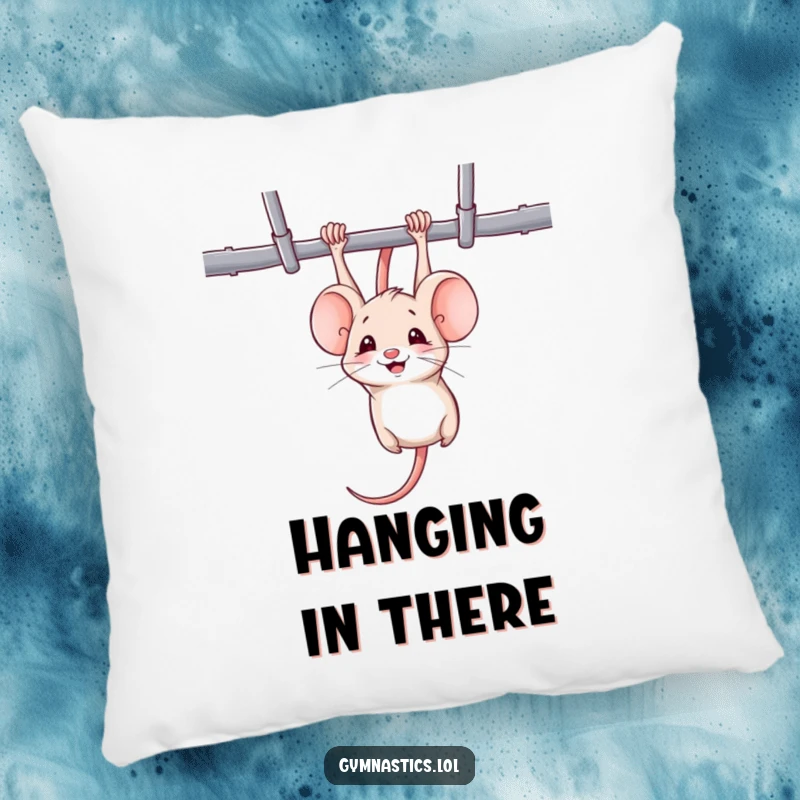Funny mouse pillow showing a mischievous mouse hanging upside down from uneven bars, smiling, perfect for cozy humor.