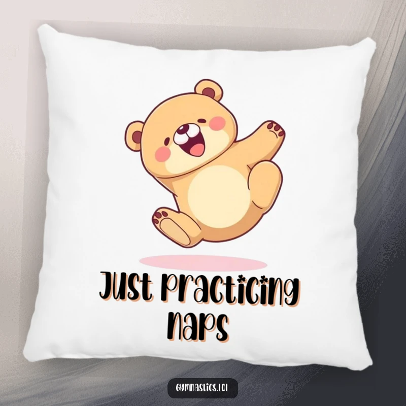 Funny Pillow showcasing a joyful cartoon bear gracefully tumbling and landing on its feet, perfect for adding a touch of whimsy.