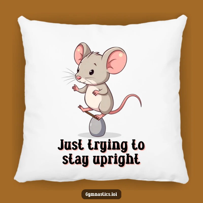 Funny Pillow: Cozy Mouse's Determined Toe Balance for Comfy Humor