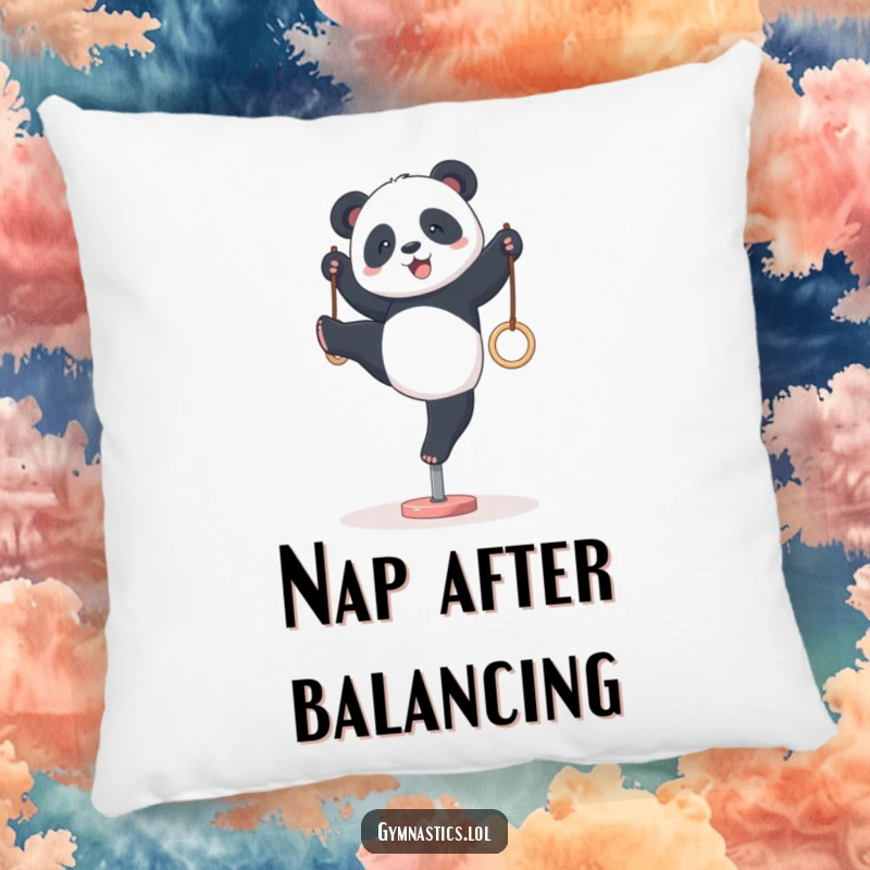 Funny panda gymnastics pillow, showing a panda hilariously attempting a wobbly handstand on tiny rings, offering a soft and humorous touch.
