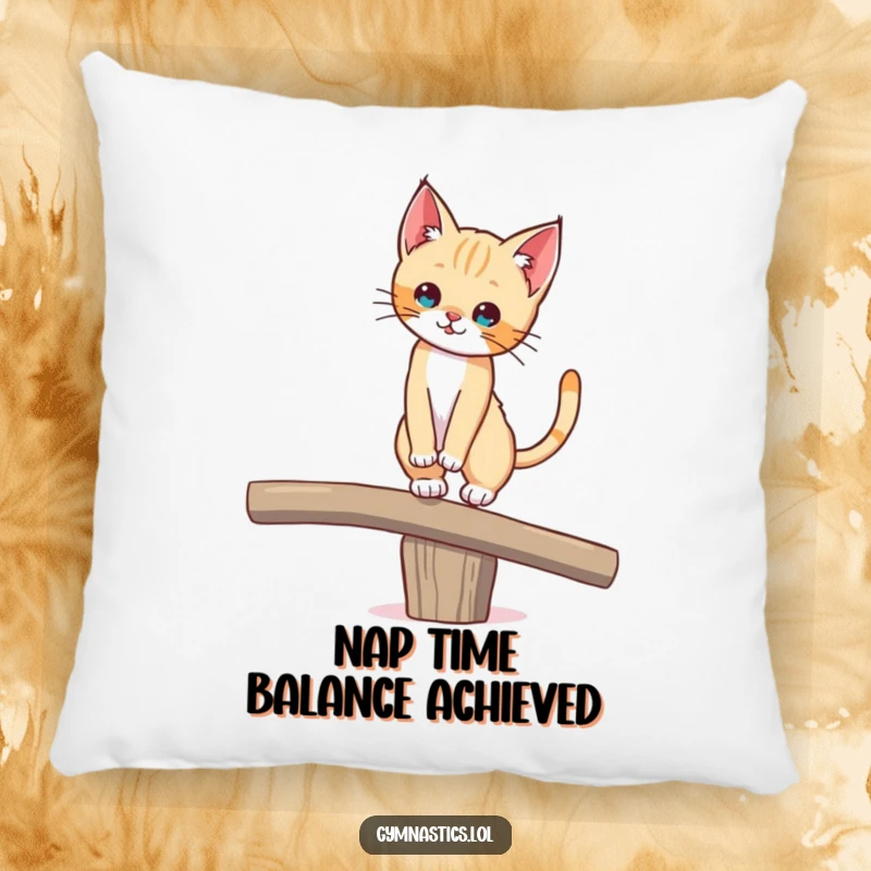 Funny pillow displaying a cute kitten in a funny pose, balancing on a beam with its tail held high, bringing humor to any room.