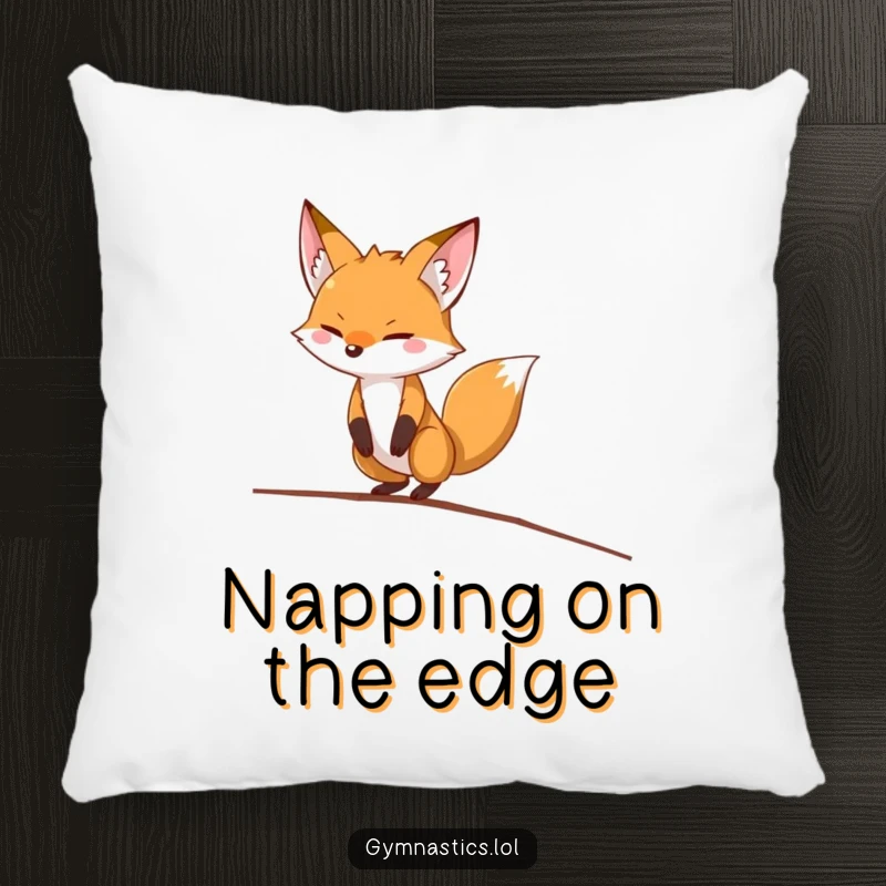 Funny fox pillow featuring a determined fox humorously balancing on a thin balance beam, perfect for adding comfort and laughs.