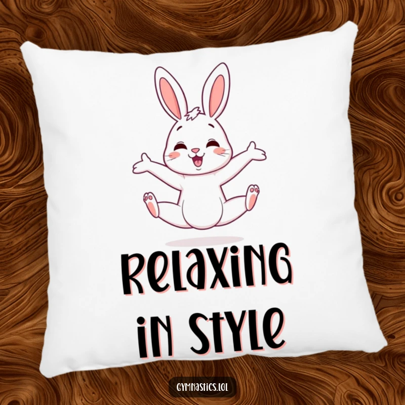 Funny bunny pillow with a cheerful bunny in a wide, askew split, adding a touch of playful flexibility and humor.