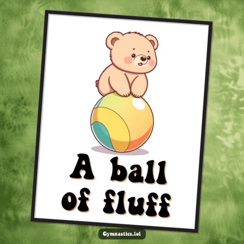 Funny digital art print of a determined bear cub balancing on a colorful ball, capturing effort and sweetness.